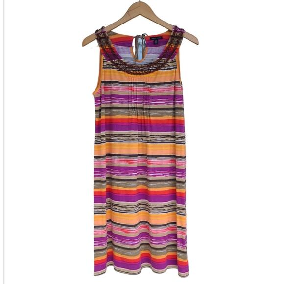 Tommy Hilfiger Striped Midi Dress Beaded Neckline Keyhole Back Multi Size L - Picture 1 of 12